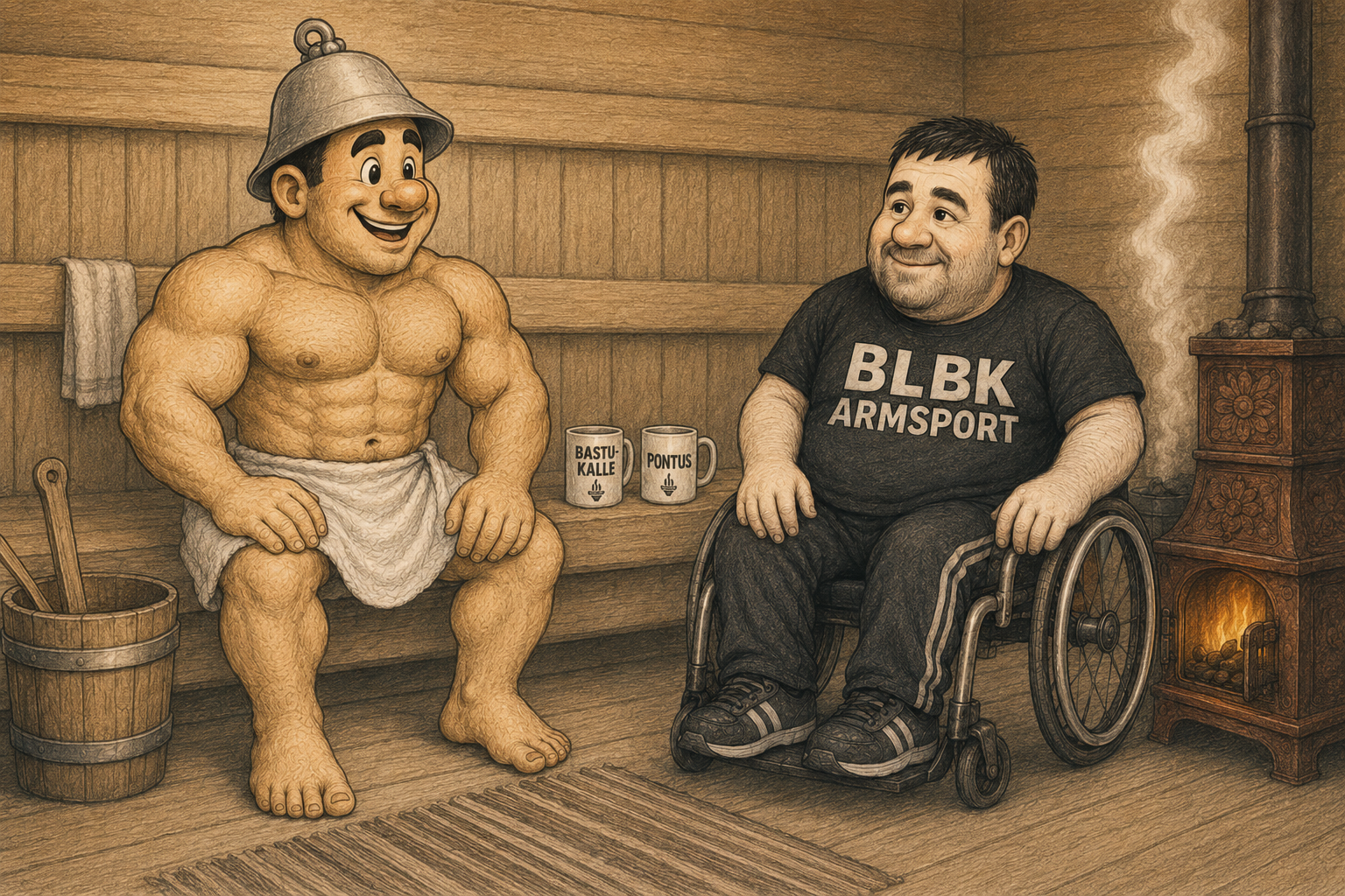 Bastu-Kalle and Pontus sitting together in the sauna